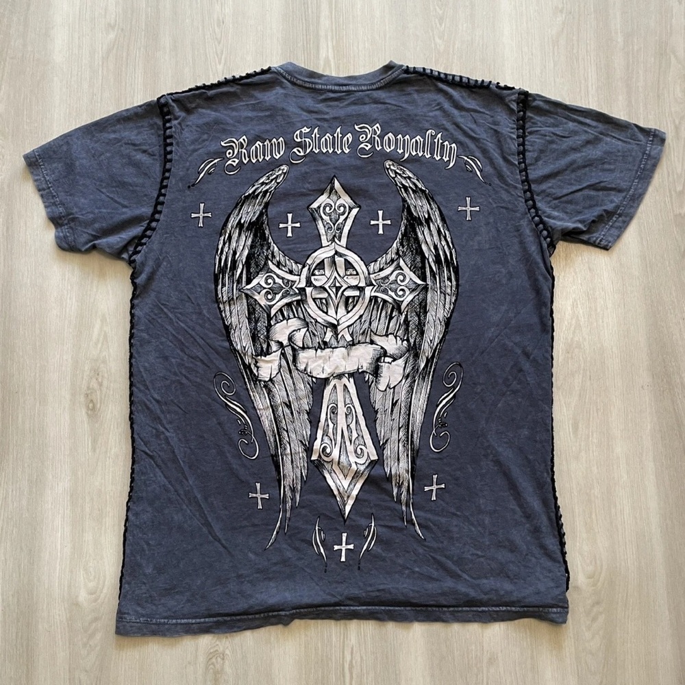 Vtg Y2K Affliction Raw State Premium Shirt Emo Grunge Cyber Cross Wings Size XL